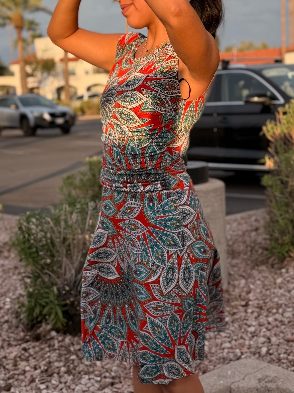 Enfocus Studio Red & Teal Leaf-Print Sleeveless Midi Dress